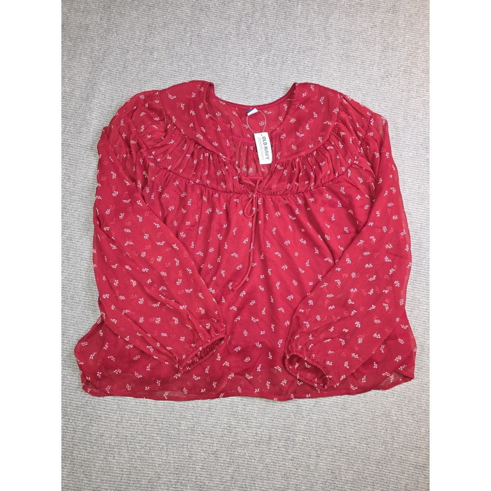 Old Navy Womens L Red Chiffon Ditzy Floral Sheer Lined Long Sleeve Peasant Top - Picture 3 of 14